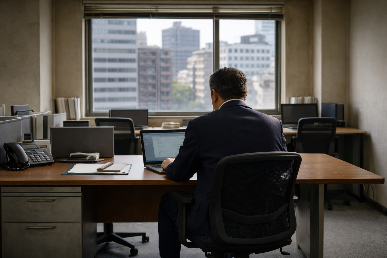 小さな会社のオフィスで一人仕事を続ける代表者の後ろ姿